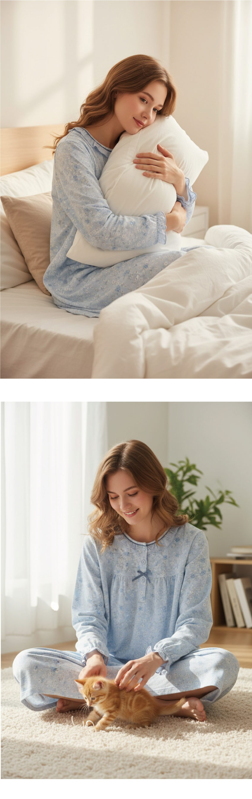 田園小花 柔軟舒眠棉質 連身裙睡衣(藍色)