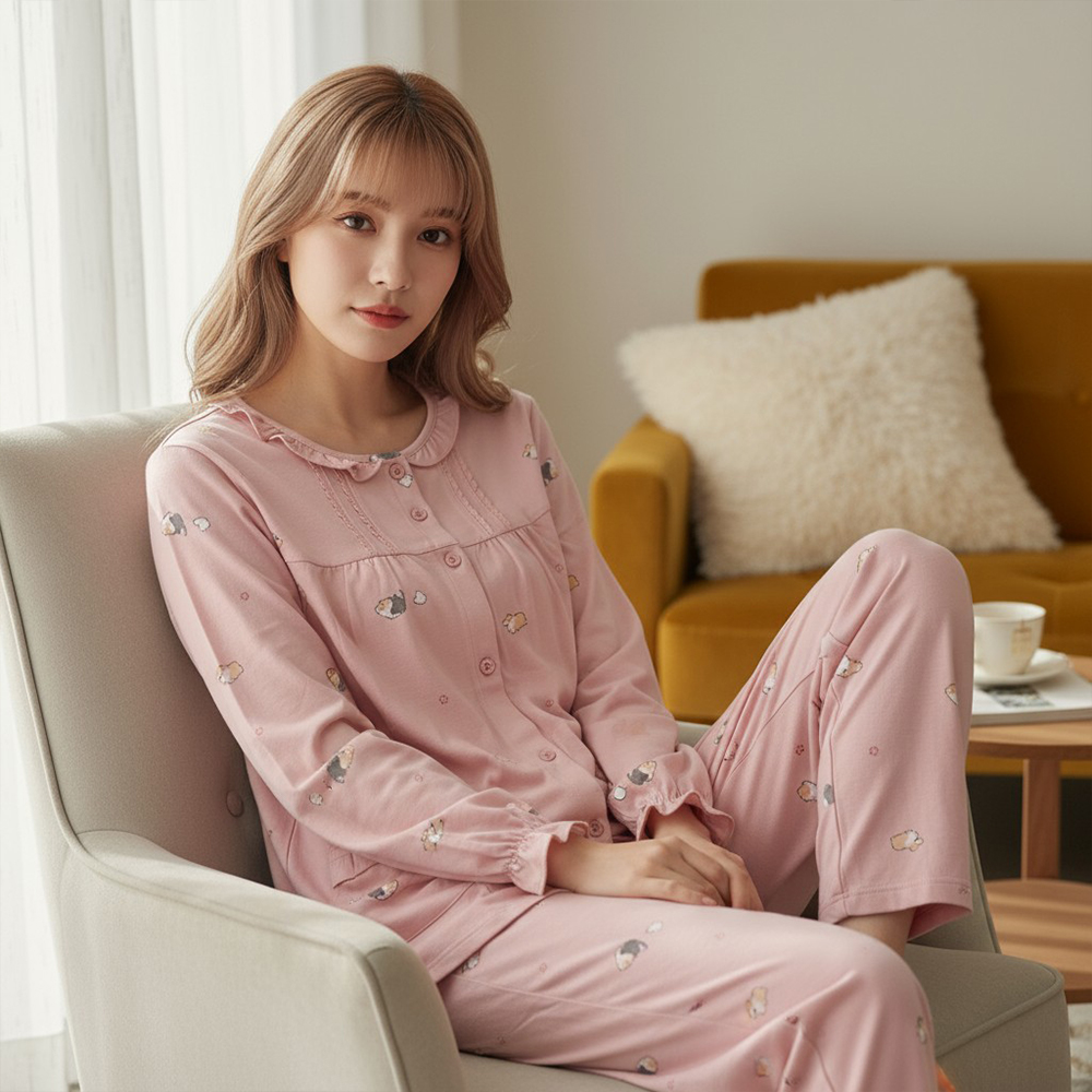 軟萌柯基 柔軟舒眠棉質 睡衣睡褲成套組(粉柑色)