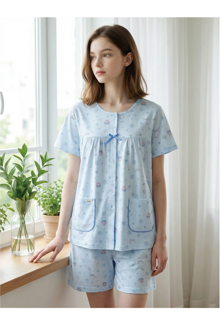 櫻桃小花 柔軟舒眠棉質 睡衣睡褲成套組(藍色)