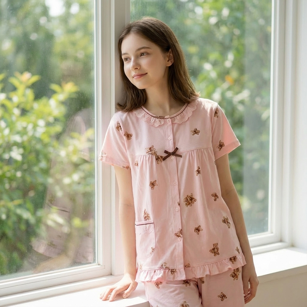 熱戀熊熊 柔軟舒眠棉質 睡衣睡褲成套組(粉)