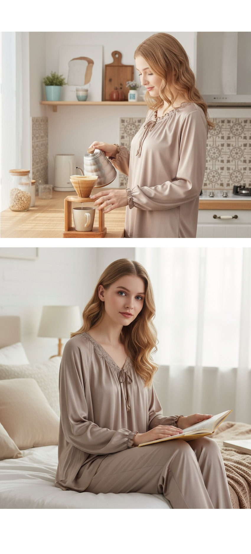 微光 絲柔緞面 睡衣睡褲成套組(豆沙紅)