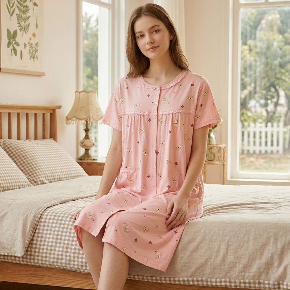 掬米熊熊 柔軟舒眠棉質 連身裙睡衣(粉)