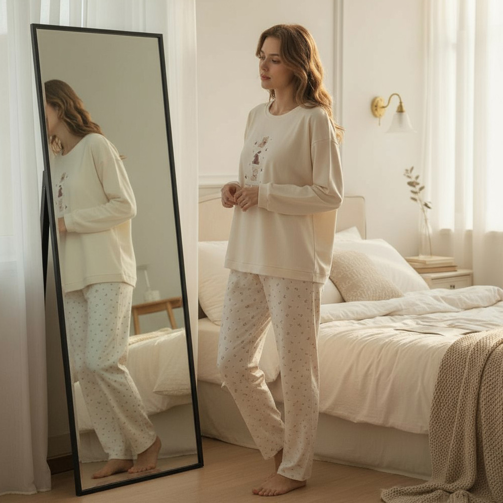 櫻桃茸萌 舒柔睡衣睡褲成套組(奶茶色)