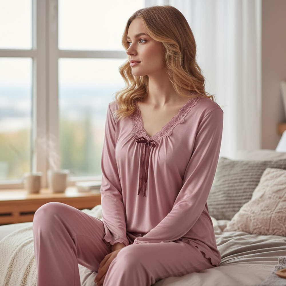 微光 絲柔緞面 睡衣睡褲成套組(豆沙紅)