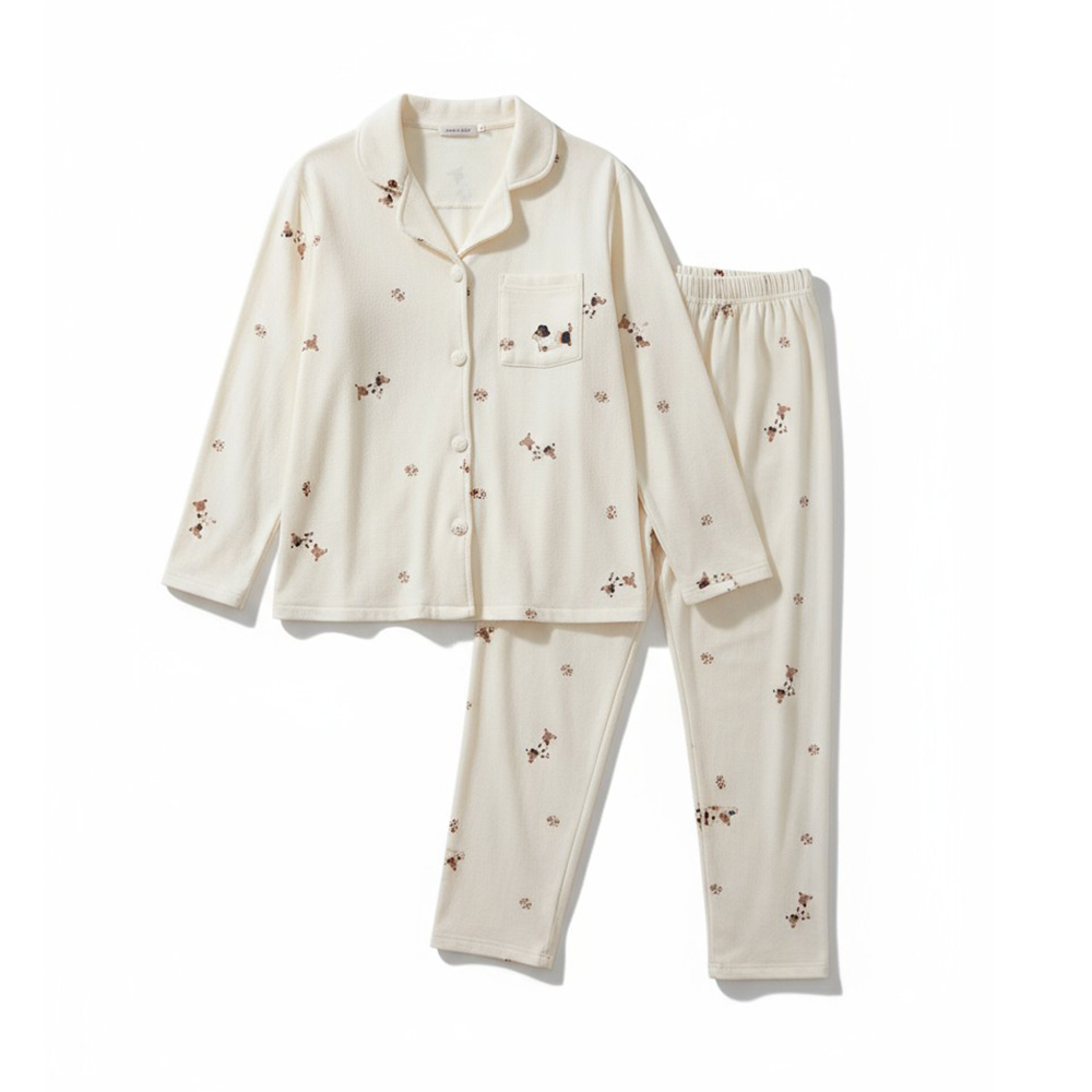 舒柔軟萌臘腸狗 睡衣睡褲成套組(米白)
