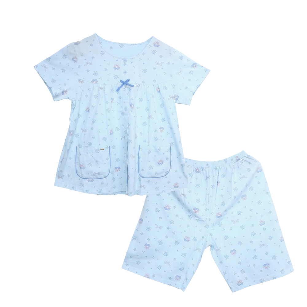 櫻桃小花 柔軟舒眠棉質 睡衣睡褲成套組(藍色)