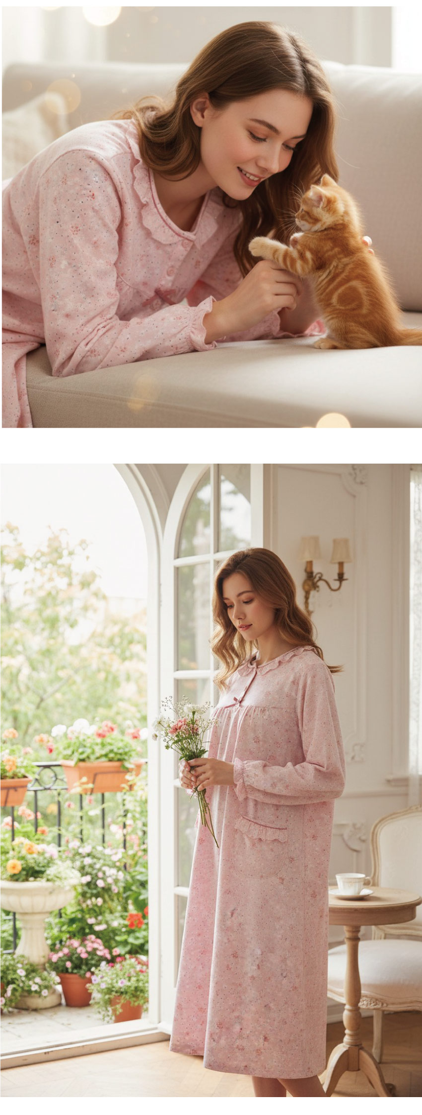 田園小花 柔軟舒眠棉質 連身裙睡衣(粉色)