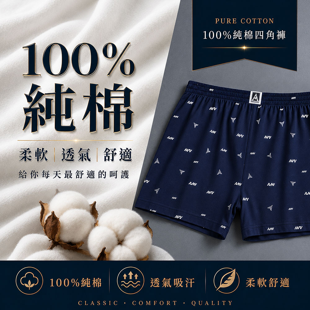 100%純棉 LOGO印花 男性寬鬆四角褲(黑)