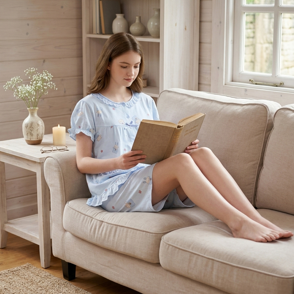 睡萌聚落 柔軟舒眠棉質 睡衣睡褲成套組(藍色)