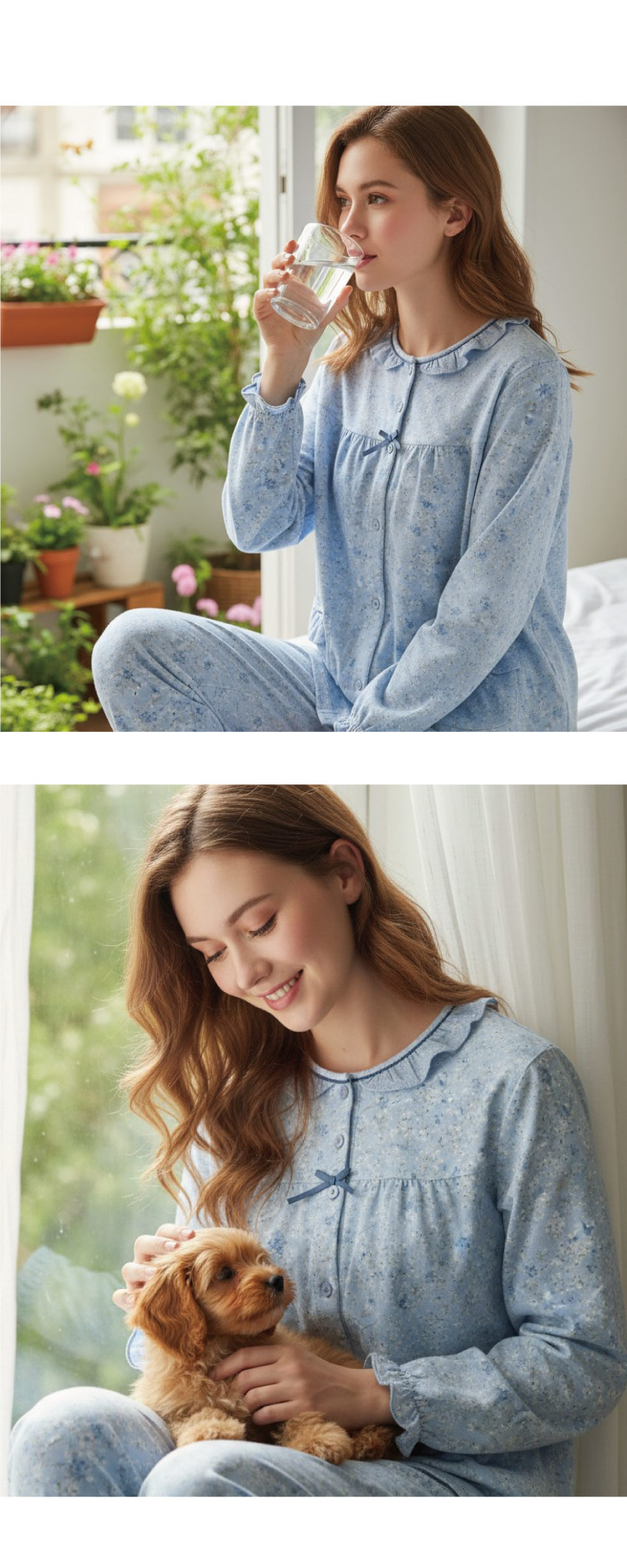 田園小花 柔軟舒眠棉質 睡衣睡褲成套組(藍色)