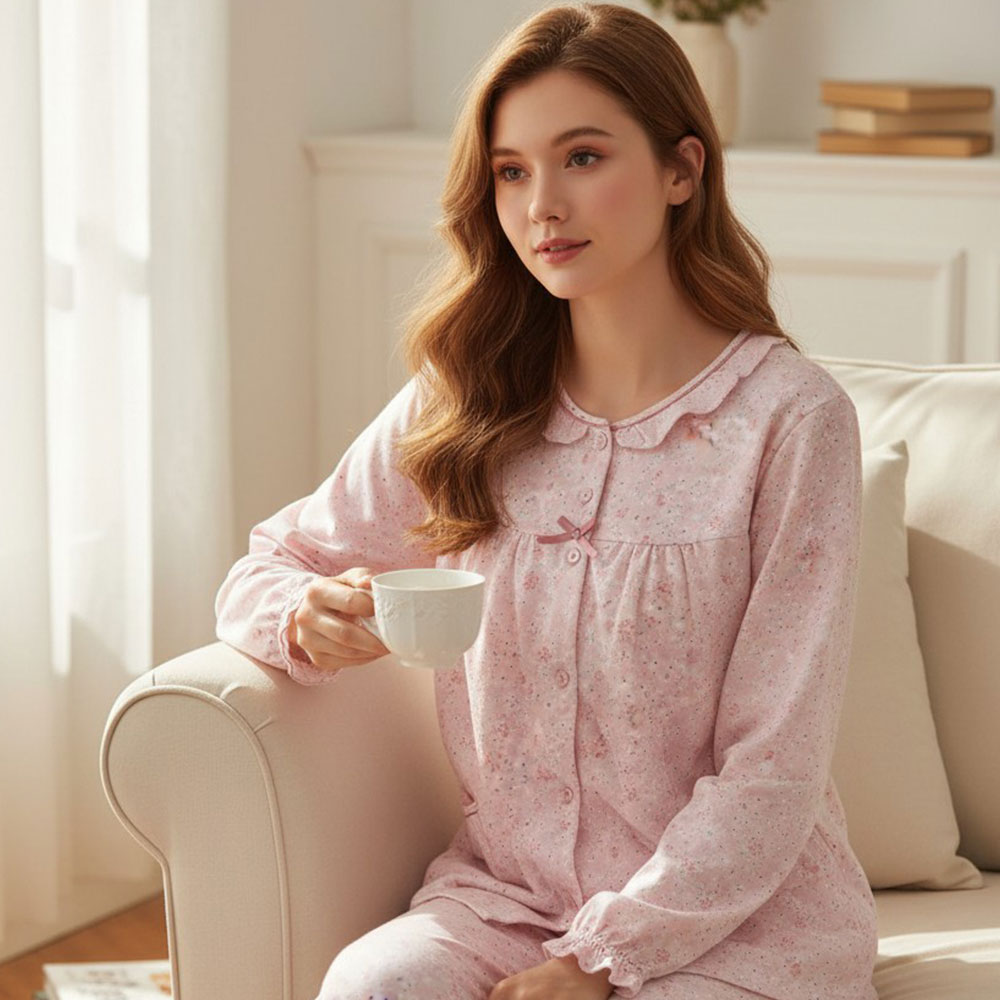 田園小花 柔軟舒眠棉質 睡衣睡褲成套組(粉色)