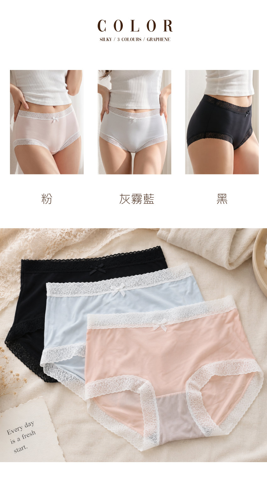 輕柔盛夏 石墨烯低腰無痕素面蕾絲平口褲(灰霧藍)