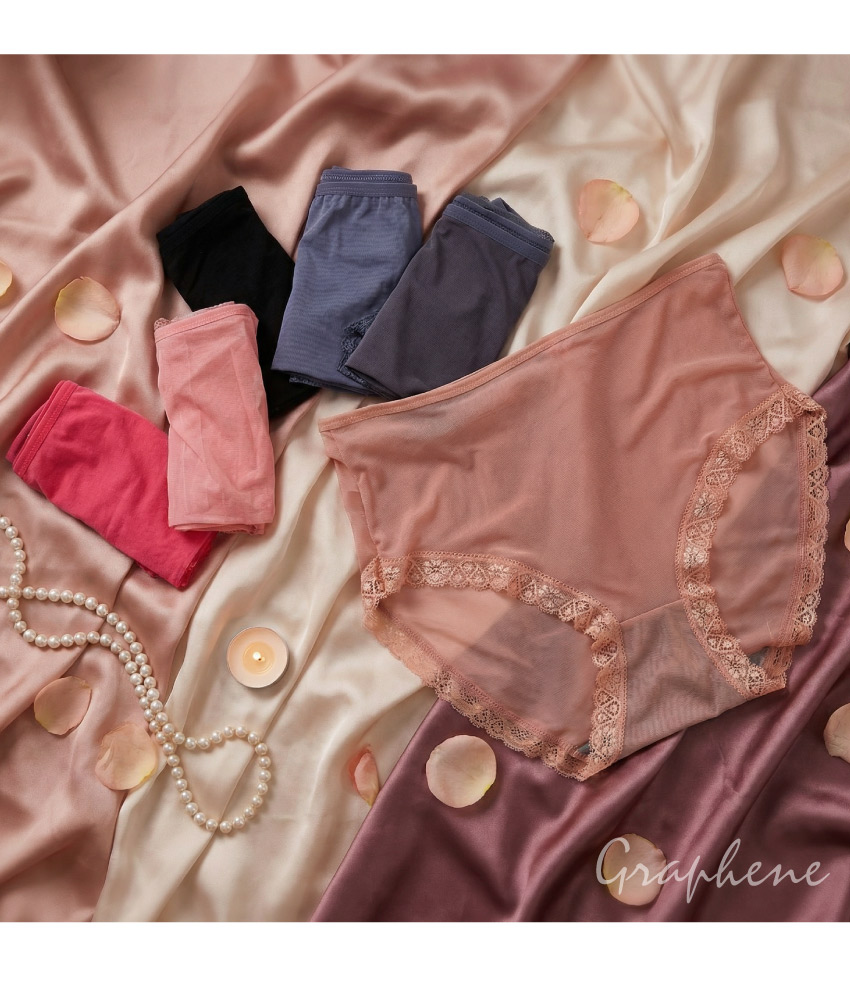 石墨烯 性感透膚 高腰網紗三角褲 3件組(隨機色) 加大碼