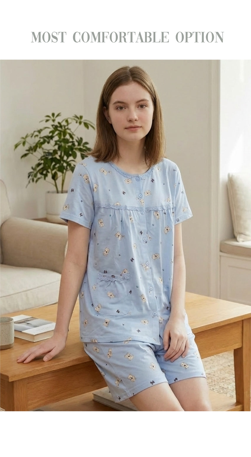 掬米熊熊 柔軟舒眠棉質 睡衣睡褲成套組(藍)