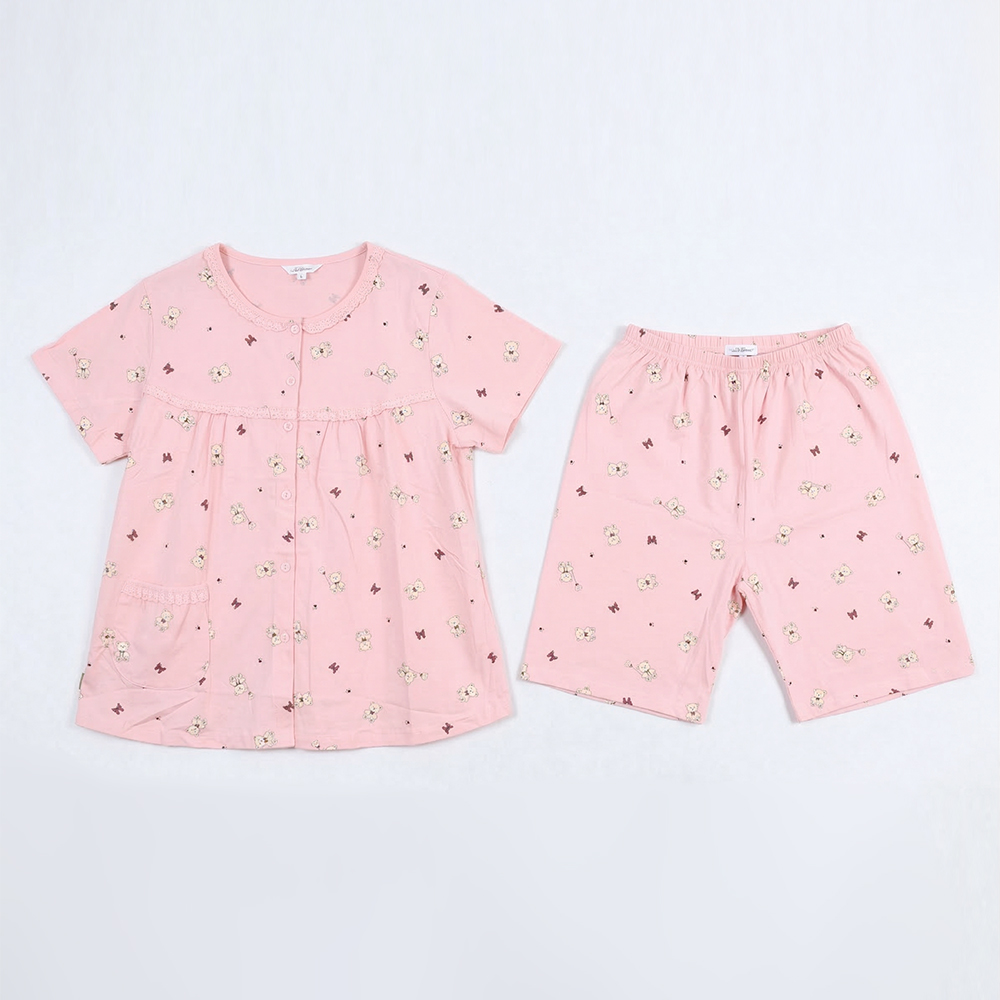 掬米熊熊 柔軟舒眠棉質 睡衣睡褲成套組(粉)