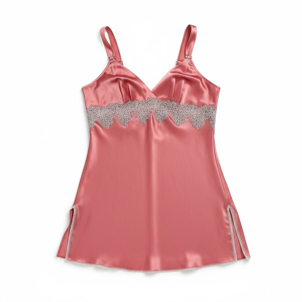 夜色時光 絲柔緞 細肩帶性感開岔連身裙睡衣(玫瑰粉)