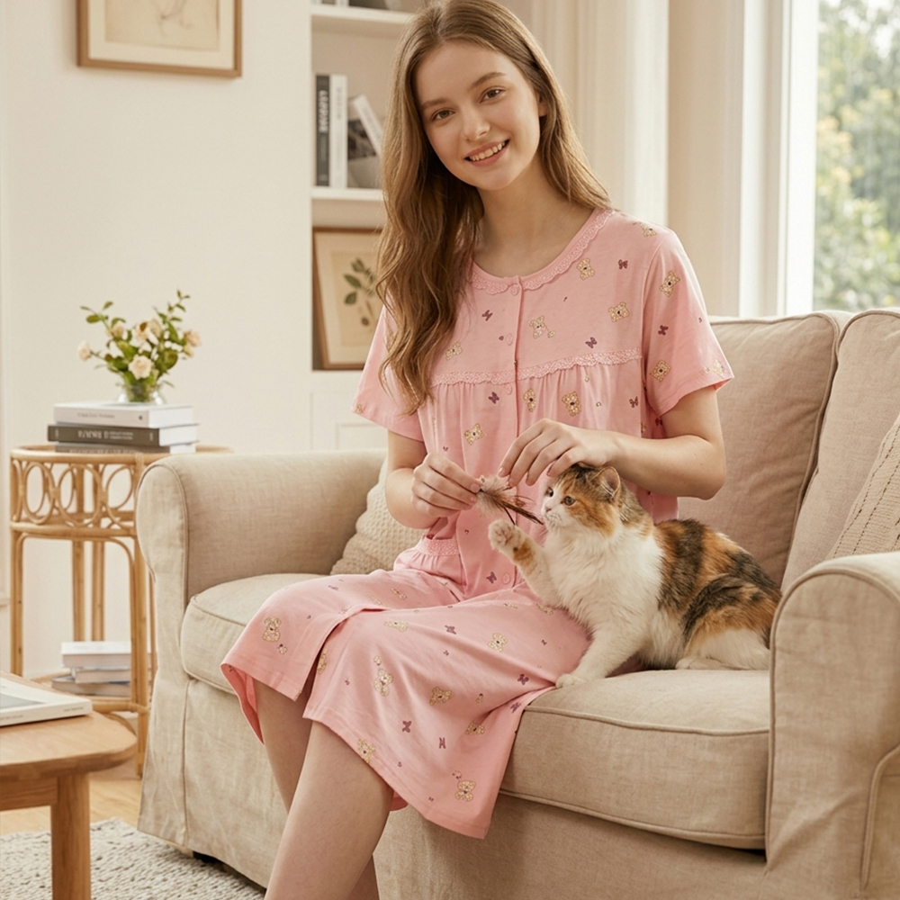 掬米熊熊 柔軟舒眠棉質 連身裙睡衣(粉)