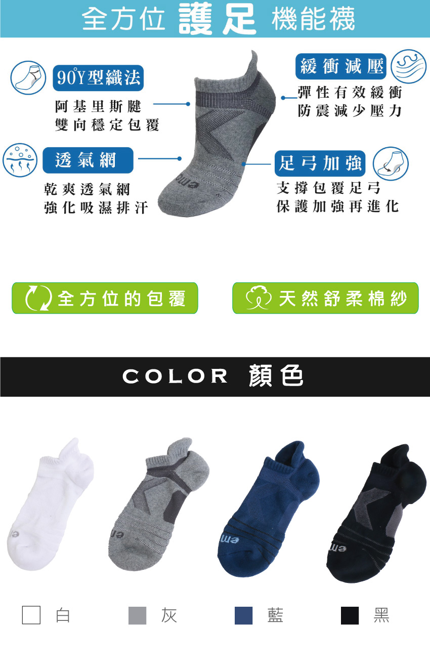 全方位護足 足弓加強 輕機能氣墊襪(黑)