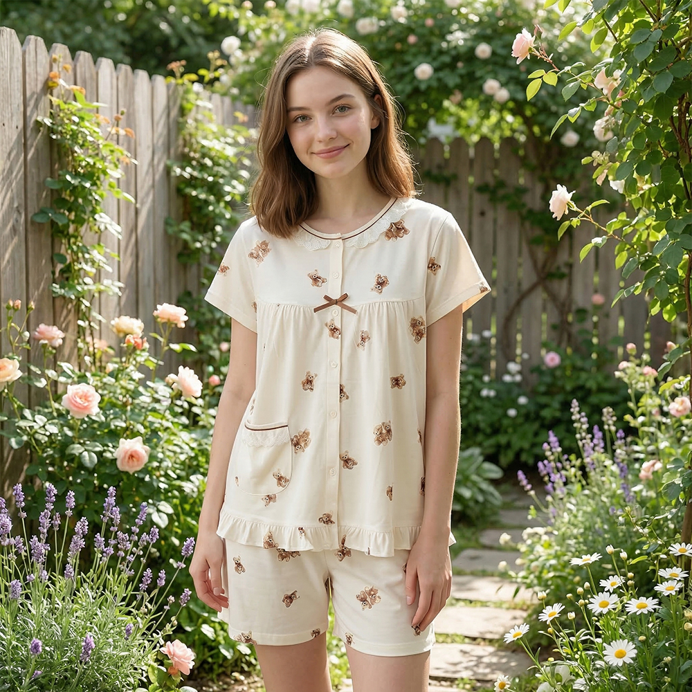 熱戀熊熊 柔軟舒眠棉質 睡衣睡褲成套組(米色)