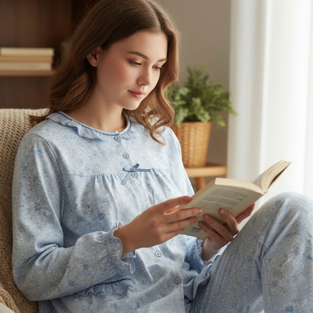 田園小花 柔軟舒眠棉質 睡衣睡褲成套組(藍色)