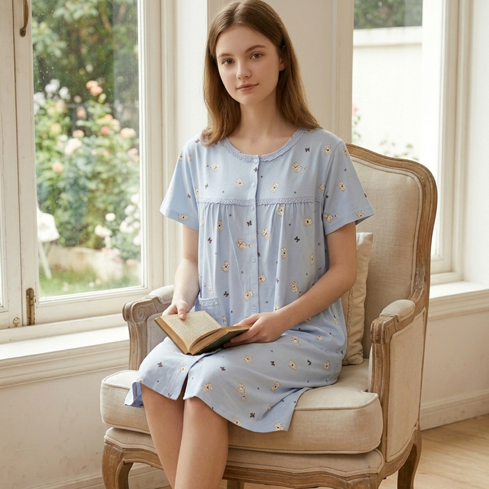 掬米熊熊 柔軟舒眠棉質 連身裙睡衣(藍)