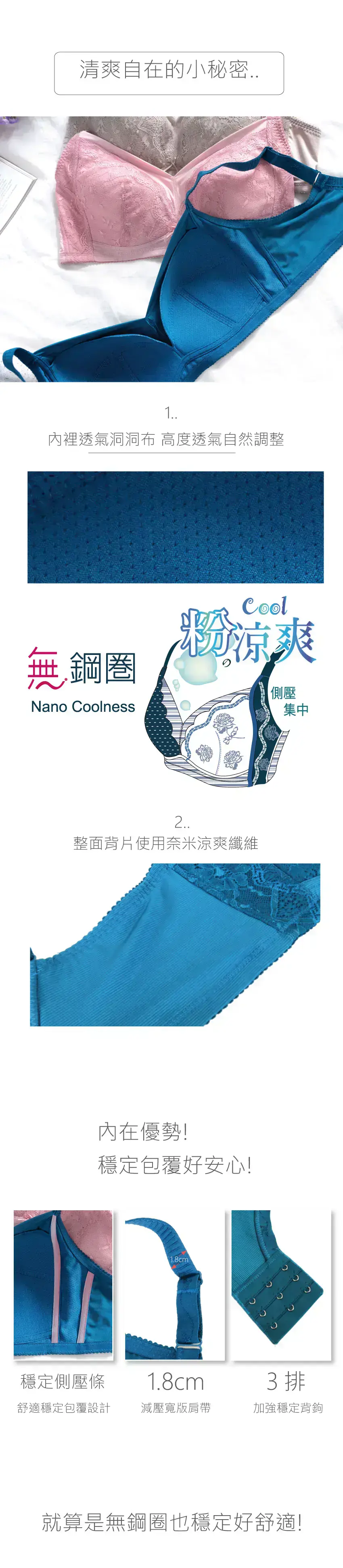 粉涼爽 無鋼圈奈米科技涼爽纖維內衣(湖水藍)BCDE