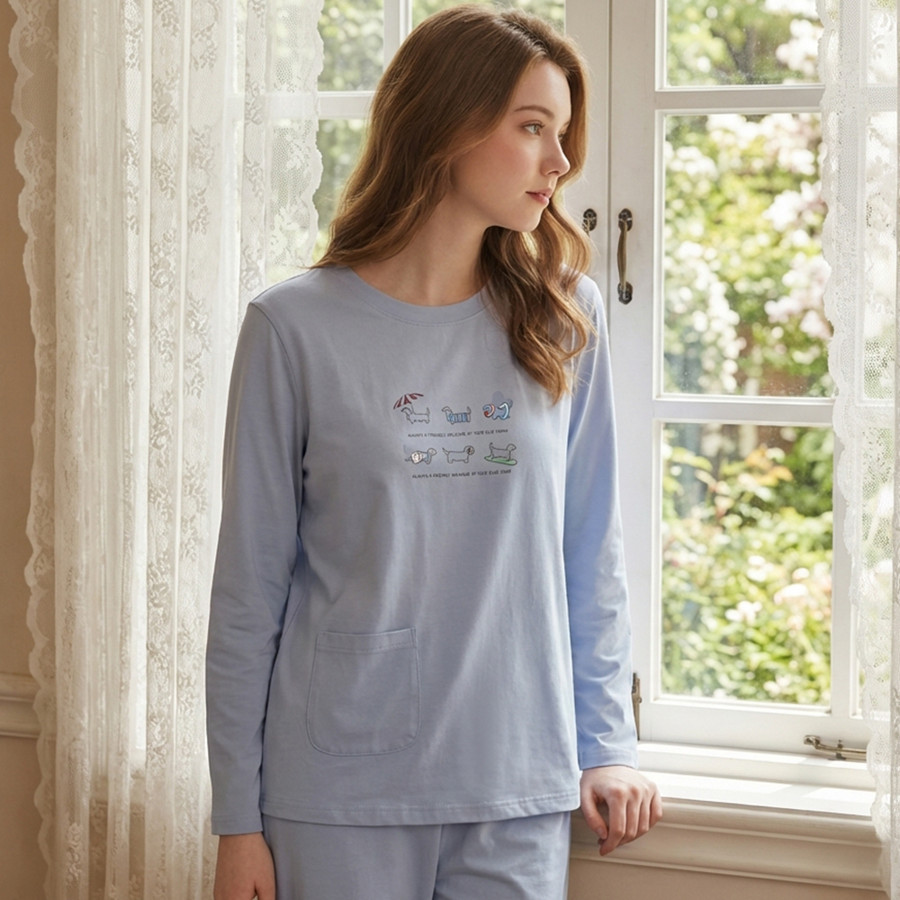 毛狗狗渡假中 柔軟舒眠棉質 睡衣睡褲成套組(藍色)