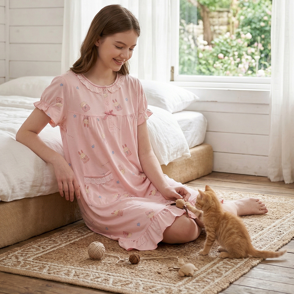睡萌聚落 柔軟舒眠棉質 連身裙睡衣(粉)