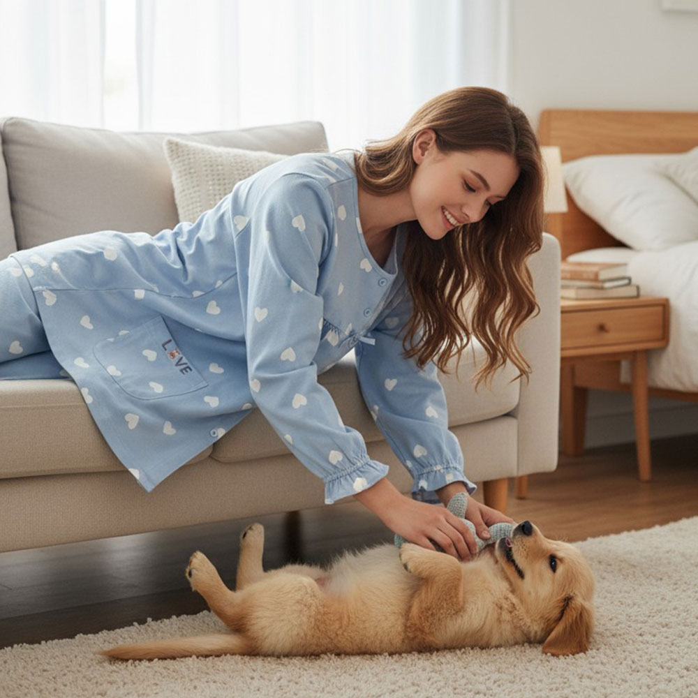 愛心滿屋 柔軟舒眠棉質 睡衣睡褲成套組(藍色)