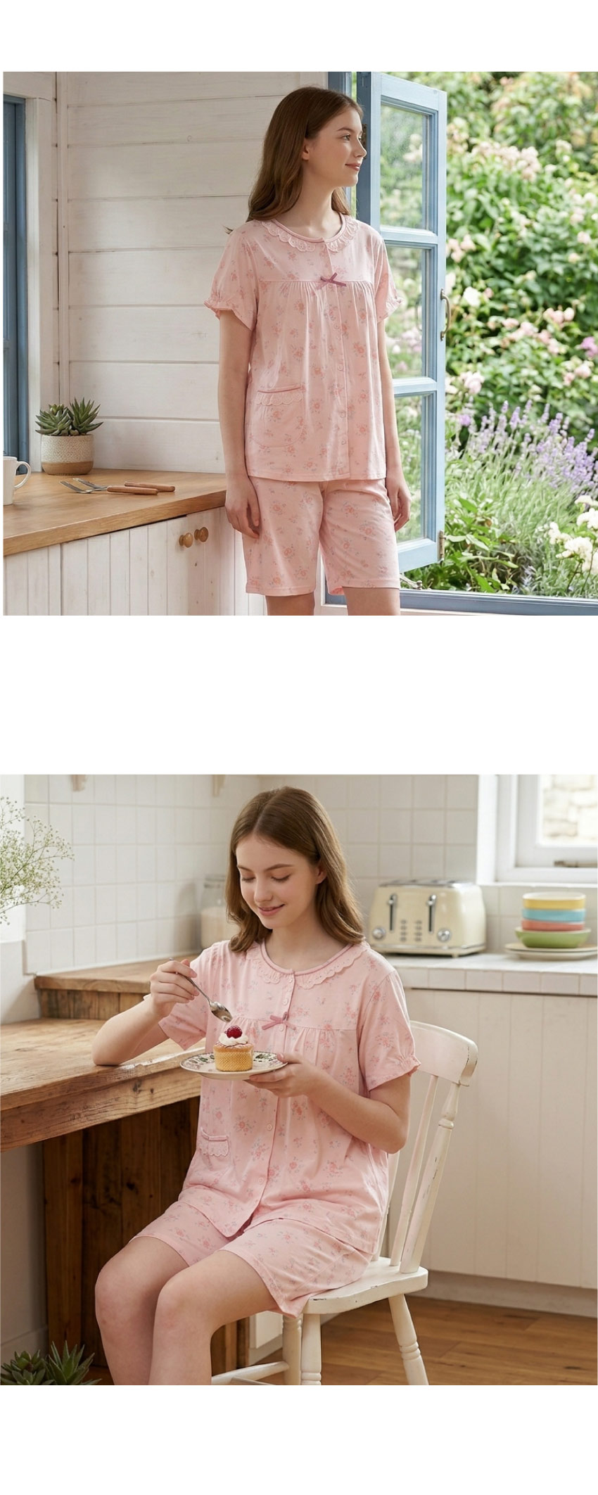 水漾小花 柔軟舒眠棉質 睡衣睡褲成套組(粉色)