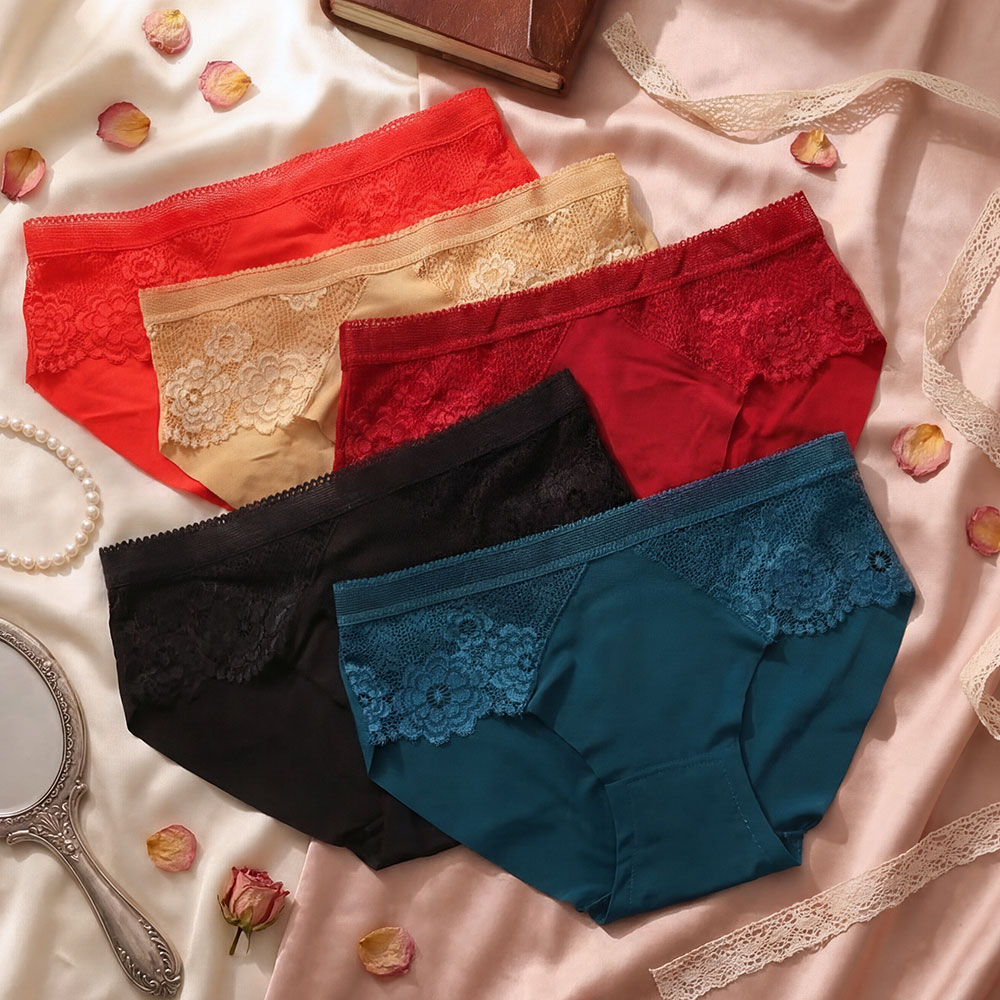 低腰 無痕性感蕾絲透膚貼身褲 (隨機色) 3件組