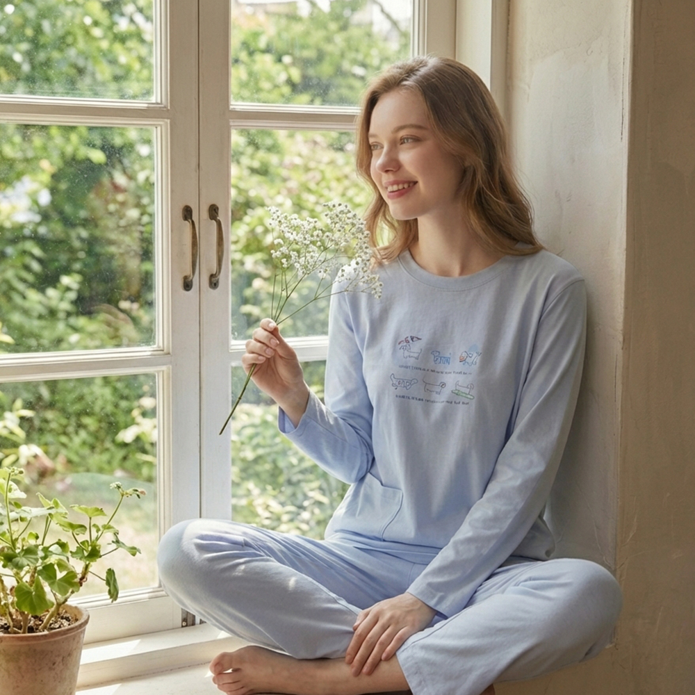 毛狗狗渡假中 柔軟舒眠棉質 睡衣睡褲成套組(藍色)