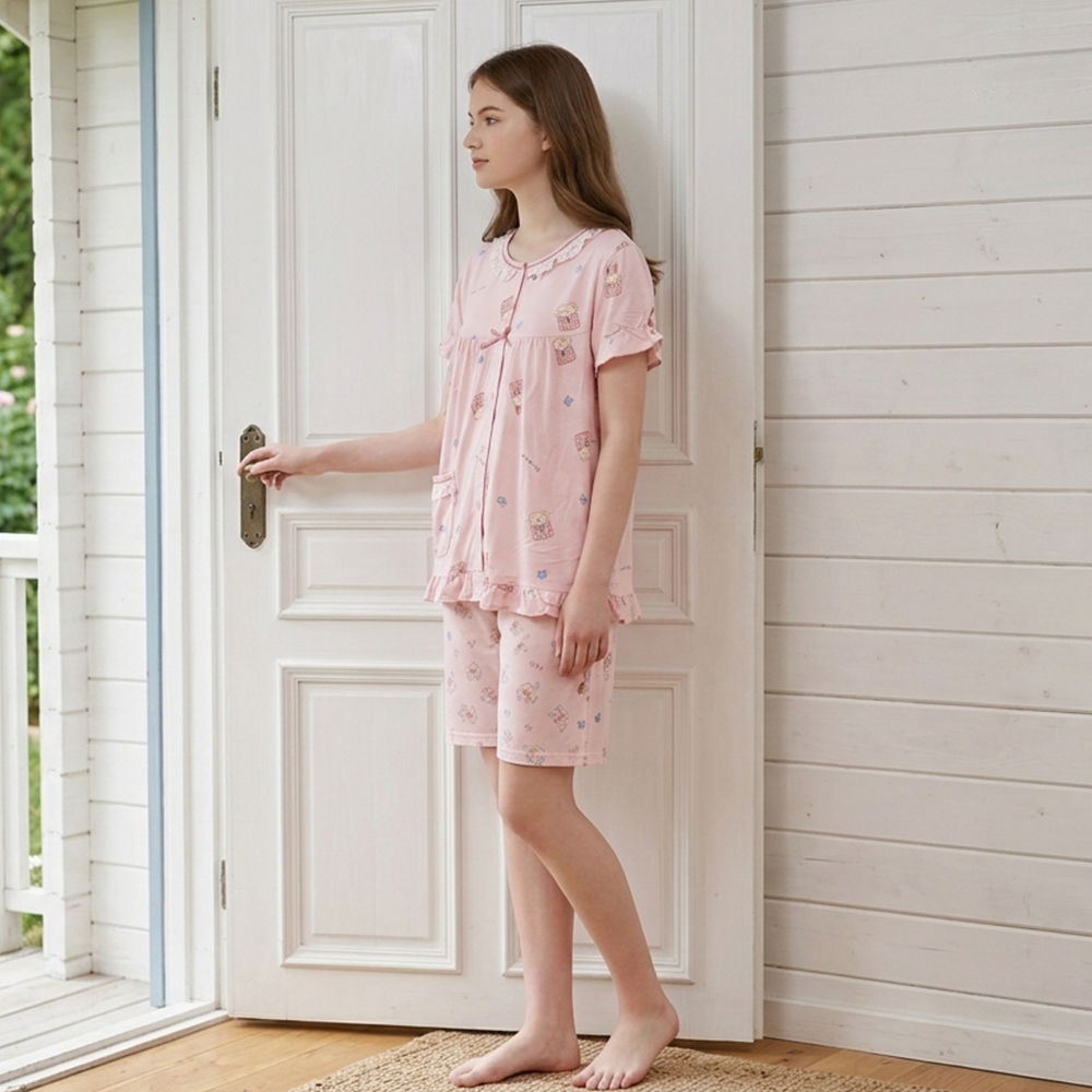 睡萌聚落 柔軟舒眠棉質 睡衣睡褲成套組(粉色)