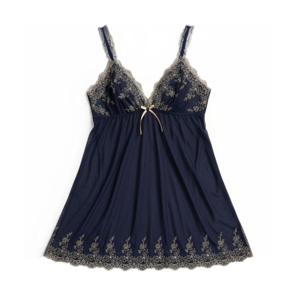 玫瑰花園 柔紗 細肩帶性感連身裙睡衣(藍)