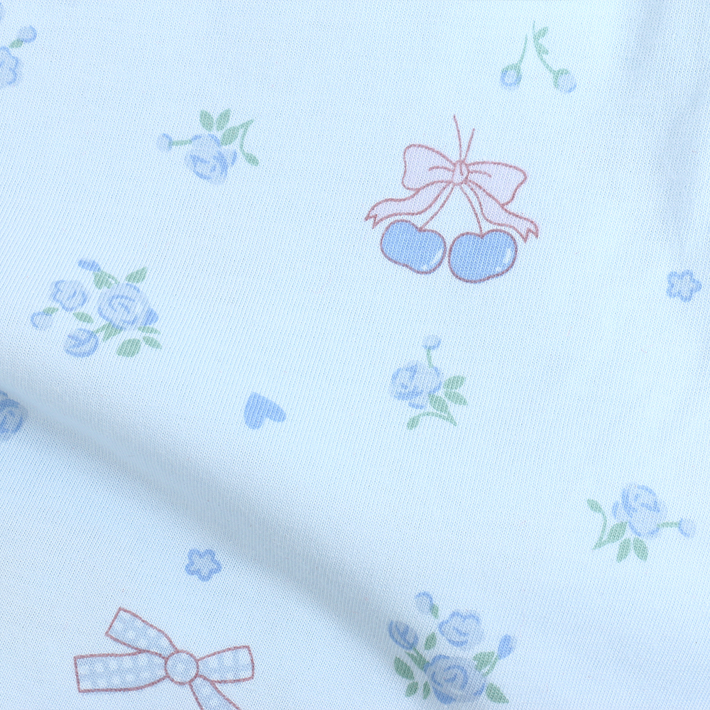 櫻桃小花 柔軟舒眠棉質 睡衣睡褲成套組(藍色)