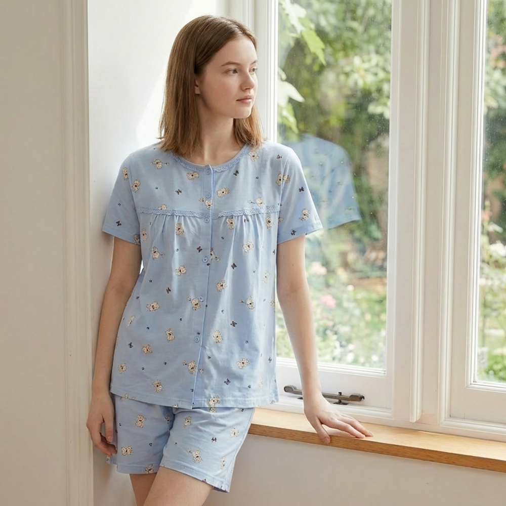 掬米熊熊 柔軟舒眠棉質 睡衣睡褲成套組(藍)