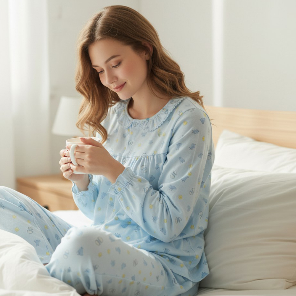 萌感小雞 柔軟舒眠棉質 睡衣睡褲成套組(藍色)