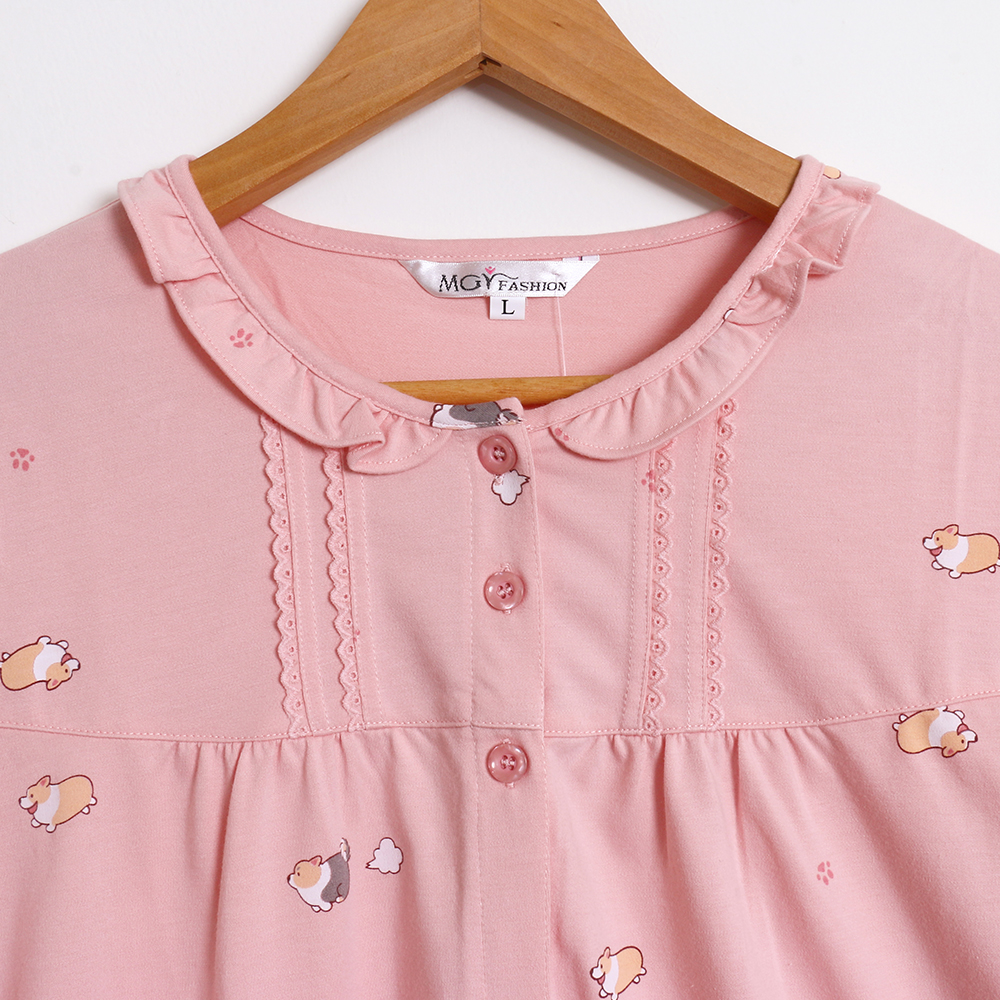 軟萌柯基 柔軟舒眠棉質 睡衣睡褲成套組(粉柑色)