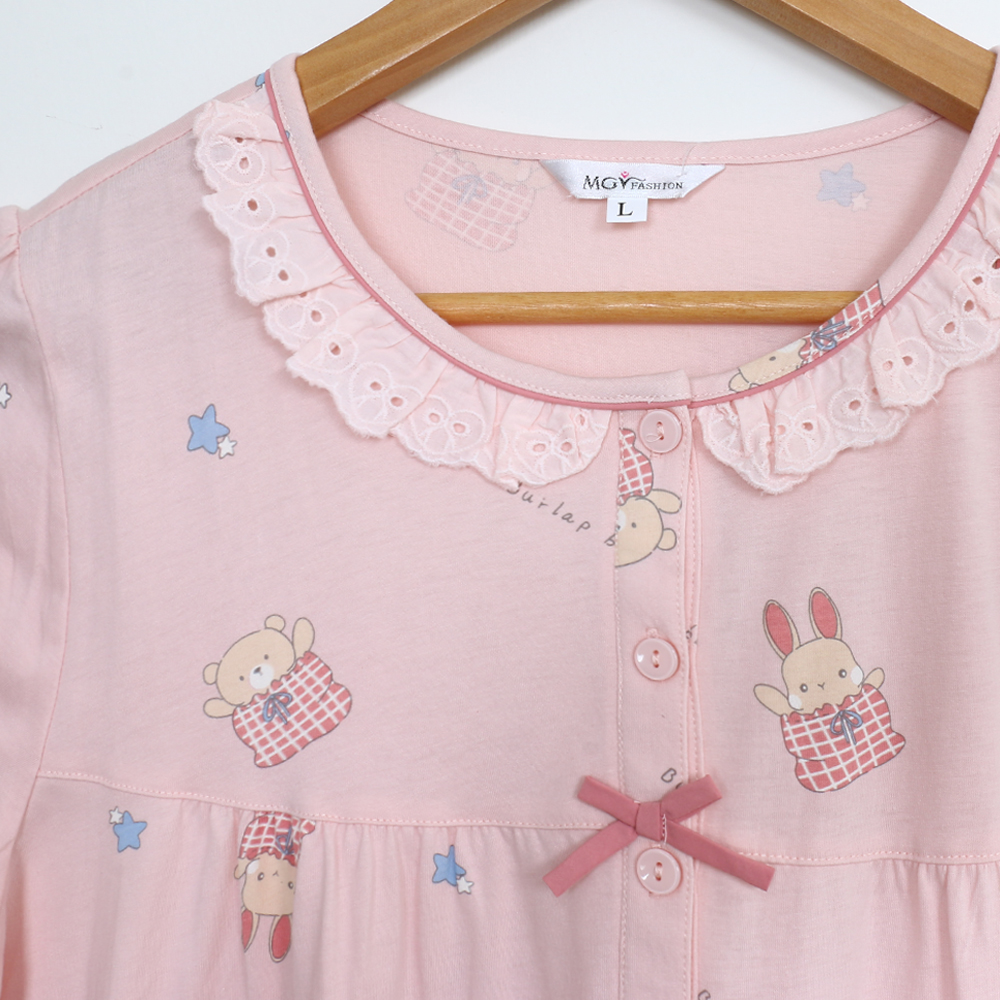 睡萌聚落 柔軟舒眠棉質 連身裙睡衣(粉)