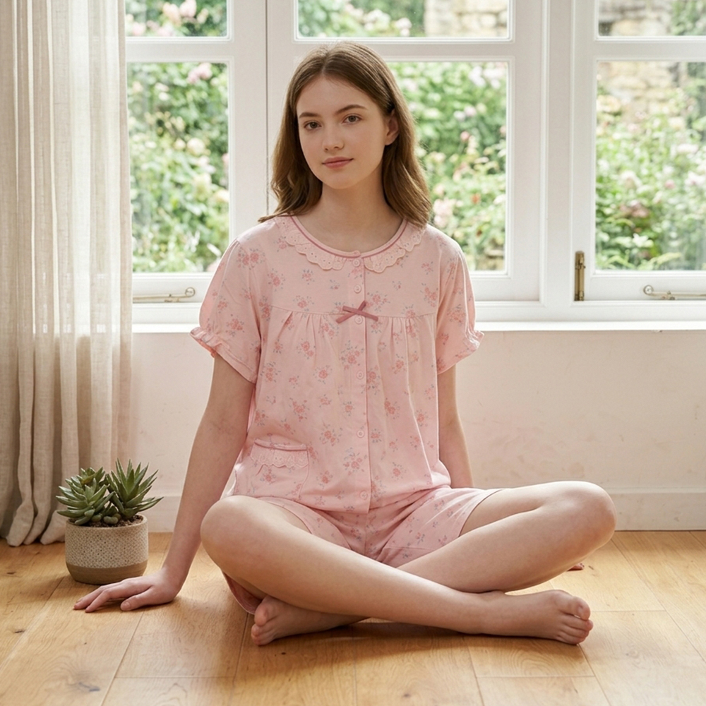 水漾小花 柔軟舒眠棉質 睡衣睡褲成套組(粉色)