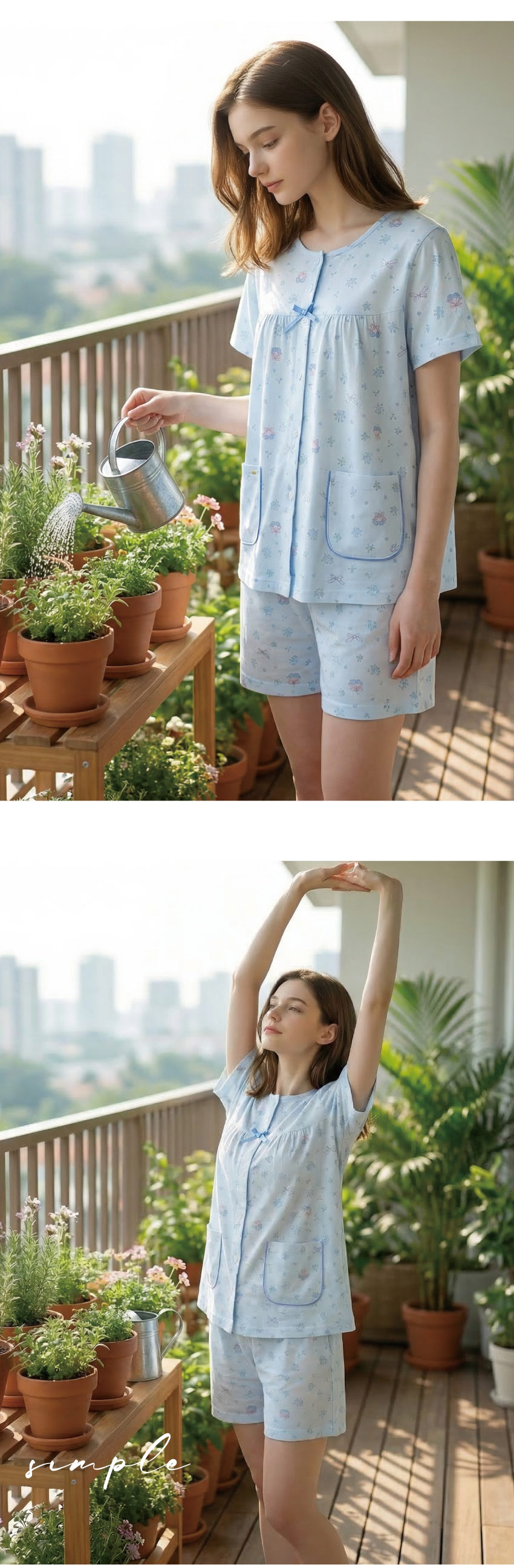 櫻桃小花 柔軟舒眠棉質 睡衣睡褲成套組(藍色)