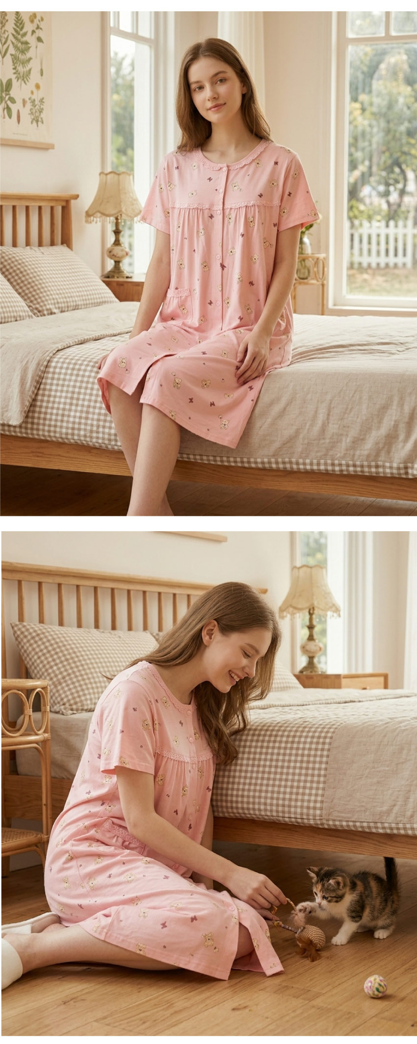 掬米熊熊 柔軟舒眠棉質 連身裙睡衣(粉)