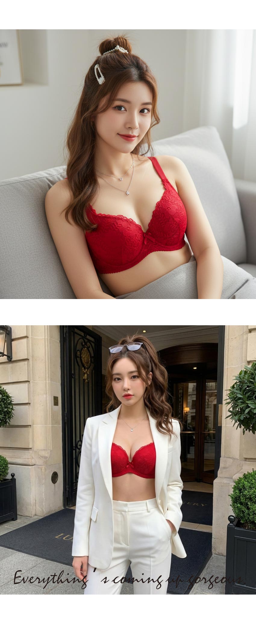 花蕊 軟鋼圈 深V低脊心包覆機能型內衣D罩杯(紅)