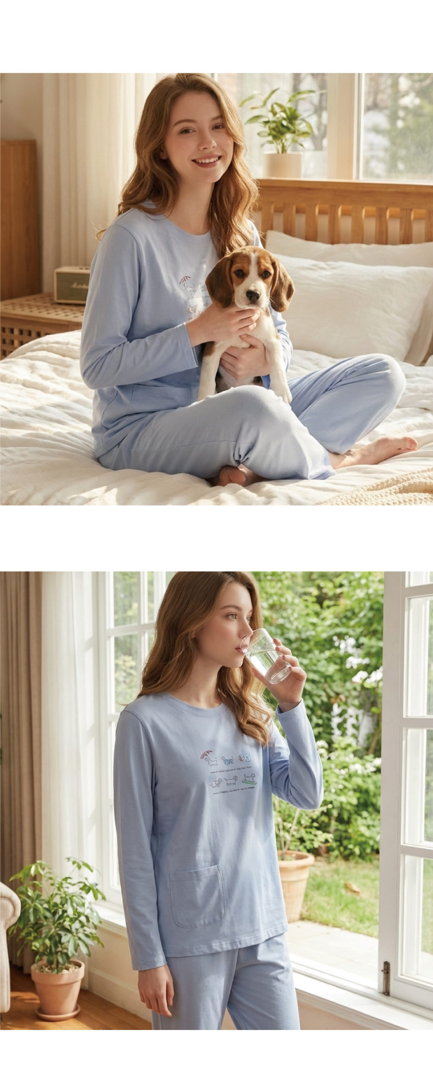 毛狗狗渡假中 柔軟舒眠棉質 睡衣睡褲成套組(藍色)