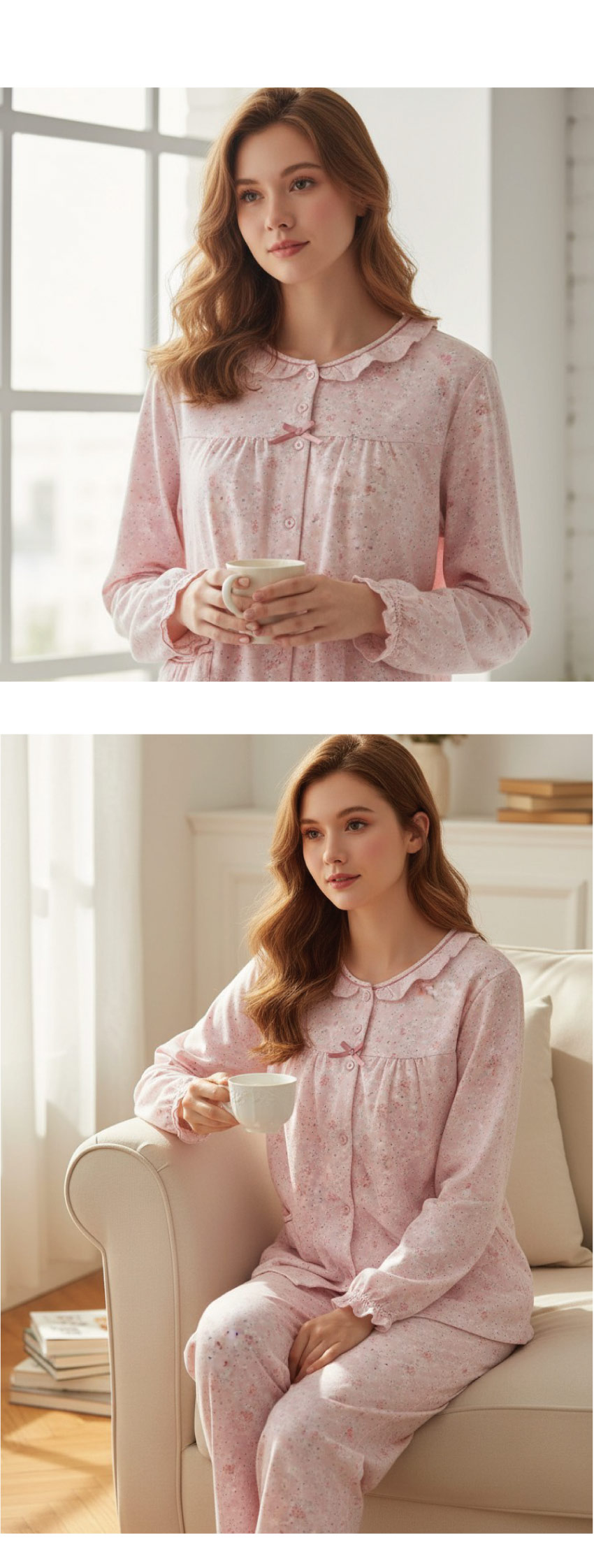 田園小花 柔軟舒眠棉質 睡衣睡褲成套組(粉色)