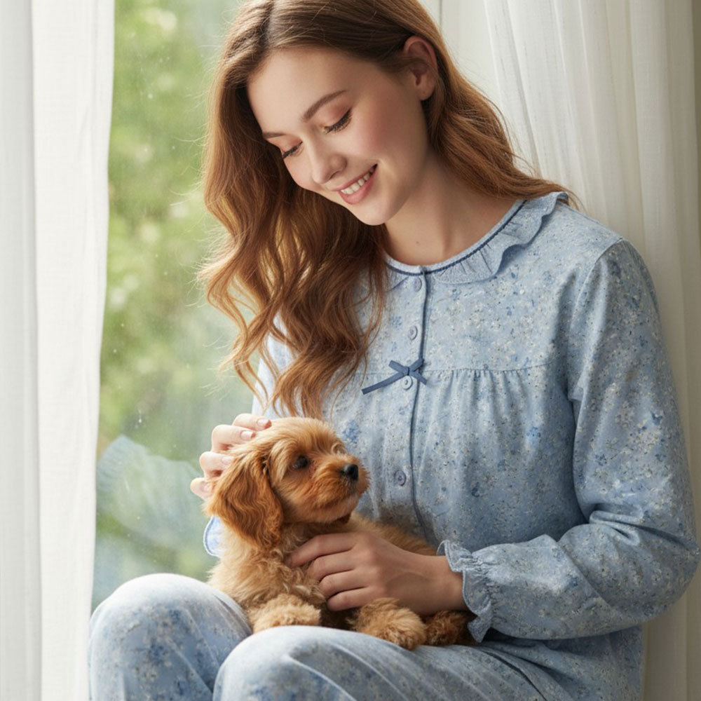 田園小花 柔軟舒眠棉質 睡衣睡褲成套組(藍色)