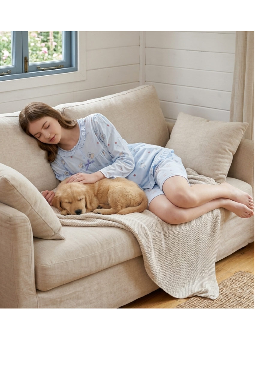 睡萌聚落 柔軟舒眠棉質 睡衣睡褲成套組(藍色)