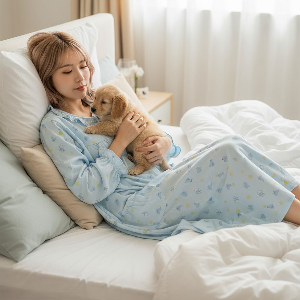 萌感小雞 柔軟舒眠棉質 連身裙睡衣(藍色)