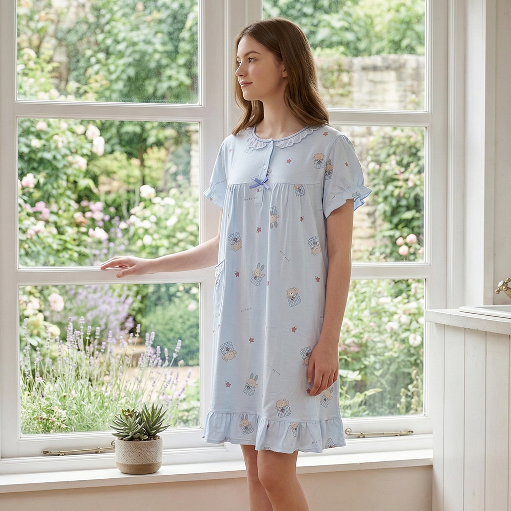 睡萌聚落 柔軟舒眠棉質 連身裙睡衣(藍)