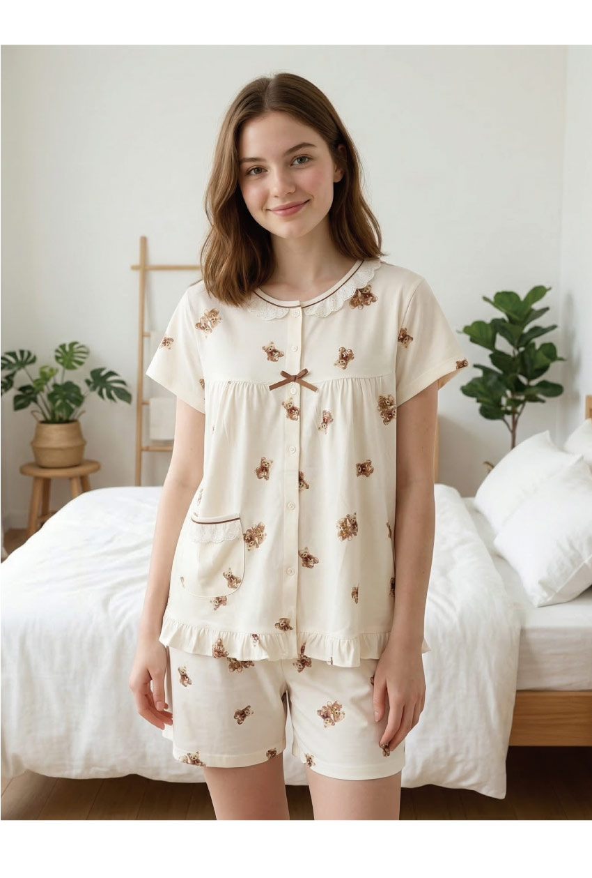 熱戀熊熊 柔軟舒眠棉質 睡衣睡褲成套組(米色)